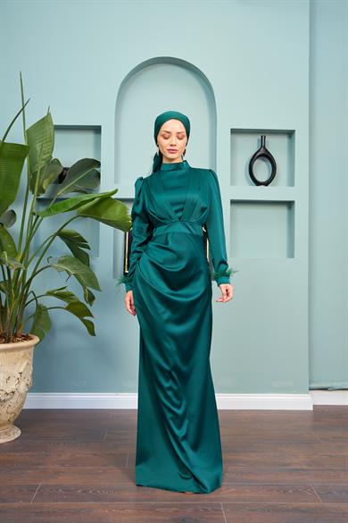 Kobe Satin Evening Dress with Feather Detail - Emerald Green