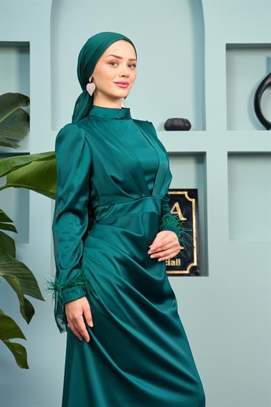 Kobe Satin Evening Dress with Feather Detail - Emerald Green
