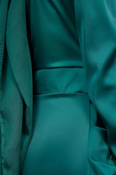 Kobe Satin Evening Dress with Feather Detail - Emerald Green