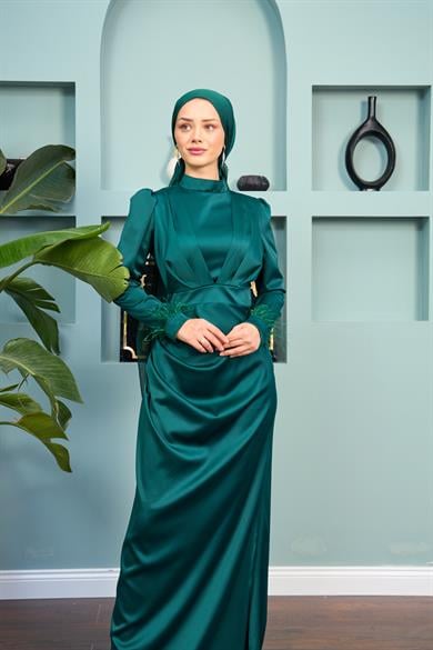 Kobe Satin Evening Dress with Feather Detail - Emerald Green