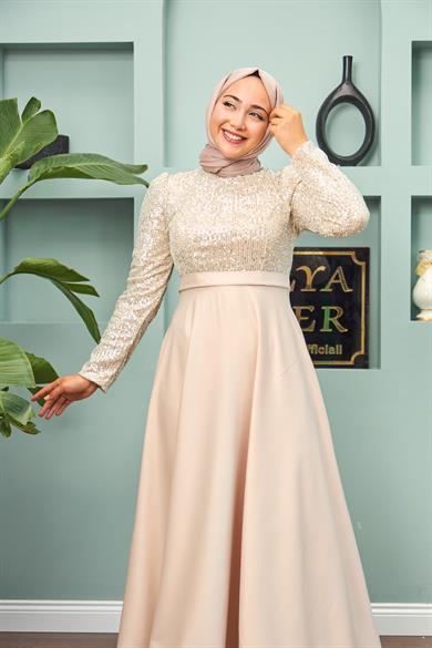 Satin Evening Dress with Sequin Skirt - Gold