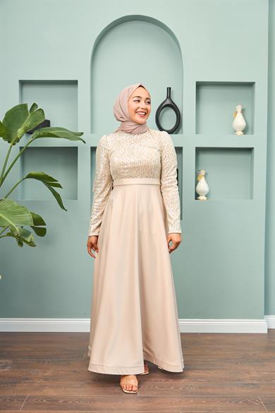 Satin Evening Dress with Sequin Skirt - Gold