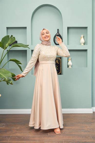 Satin Evening Dress with Sequin Skirt - Gold