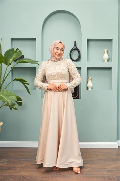 Satin Evening Dress with Sequin Skirt - Gold