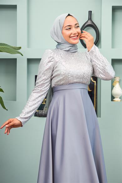 Satin Evening Dress with Sequin Skirt - Silver