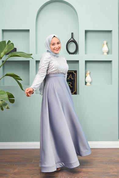 Satin Evening Dress with Sequin Skirt - Silver