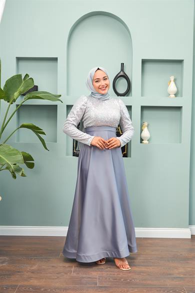 Satin Evening Dress with Sequin Skirt - Silver