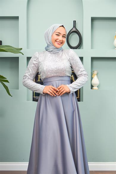 Satin Evening Dress with Sequin Skirt - Silver