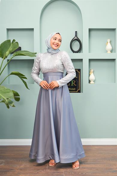 Satin Evening Dress with Sequin Skirt - Silver