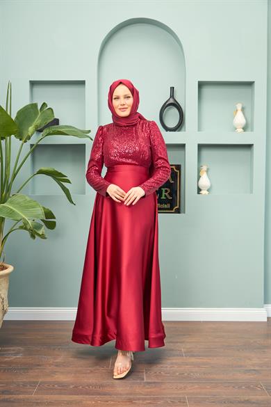 Satin Evening Dress with Sequin Skirt - Red