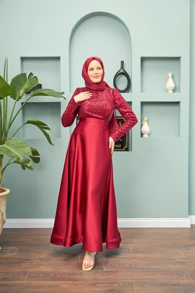 Satin Evening Dress with Sequin Skirt - Red