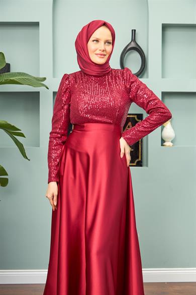 Satin Evening Dress with Sequin Skirt - Red