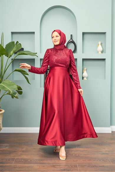 Satin Evening Dress with Sequin Skirt - Red