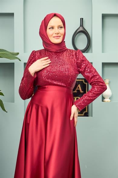 Satin Evening Dress with Sequin Skirt - Red