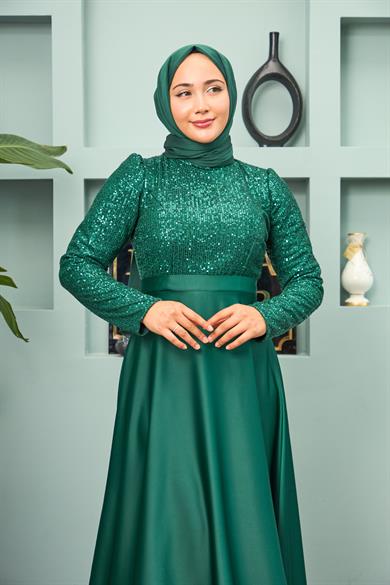 Satin Evening Dress with Sequin Skirt - Emerald Green