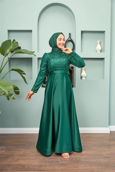 Satin Evening Dress with Sequin Skirt - Emerald Green
