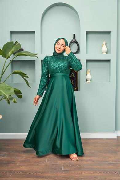 Satin Evening Dress with Sequin Skirt - Emerald Green
