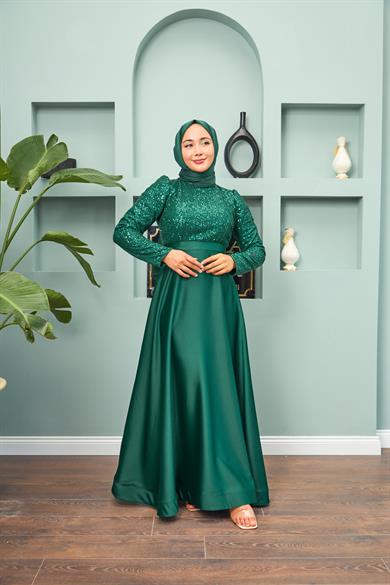 Satin Evening Dress with Sequin Skirt - Emerald Green
