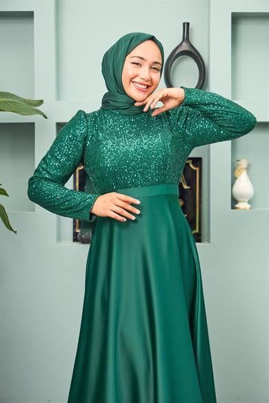 Satin Evening Dress with Sequin Skirt - Emerald Green