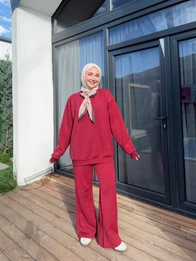 Yaka Fular Detay Takım - Bordo