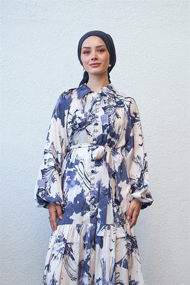 Half Buttoned Shirt Collar Patterned Dress - Black