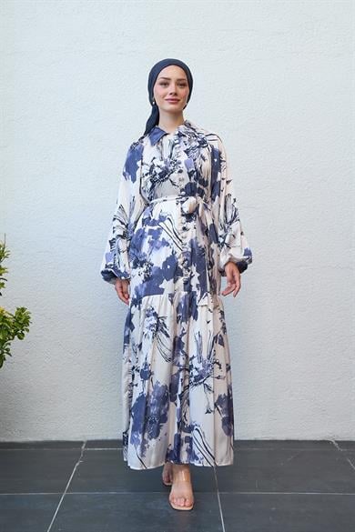 Half Buttoned Shirt Collar Patterned Dress - Black
