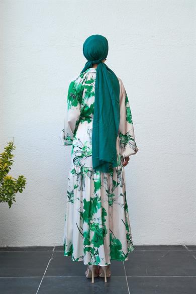Half Buttoned Shirt Collar Patterned Dress - Green