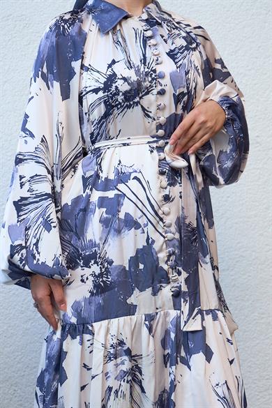 Half Buttoned Shirt Collar Patterned Dress - Black