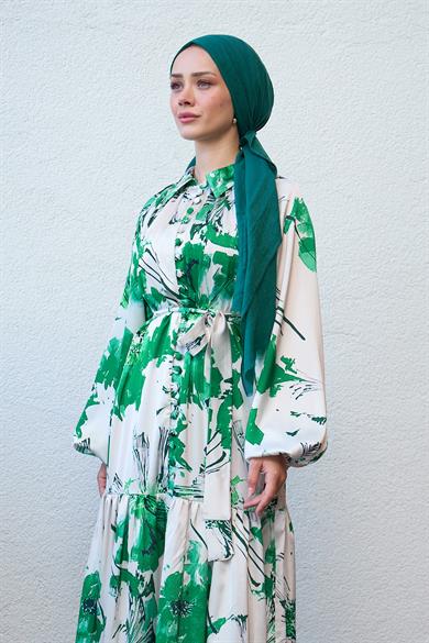 Half Buttoned Shirt Collar Patterned Dress - Green