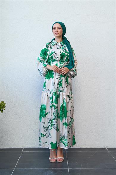 Half Buttoned Shirt Collar Patterned Dress - Green