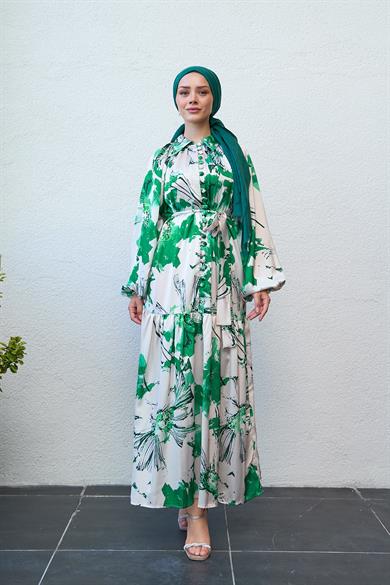 Half Buttoned Shirt Collar Patterned Dress - Green