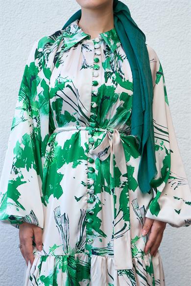 Half Buttoned Shirt Collar Patterned Dress - Green
