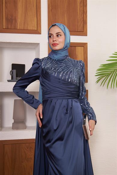 Yarım Kol Taş İşlemeli Saten Abiye - Antrasit