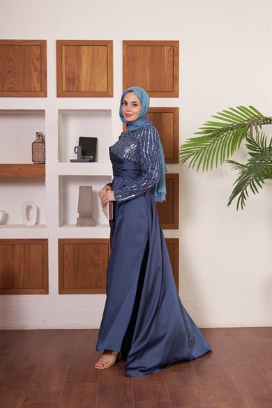 Yarım Kol Taş İşlemeli Saten Abiye - Antrasit