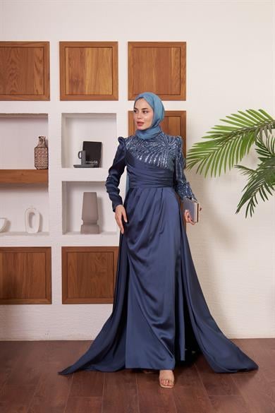 Yarım Kol Taş İşlemeli Saten Abiye - Antrasit