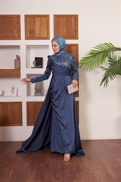 Yarım Kol Taş İşlemeli Saten Abiye - Antrasit