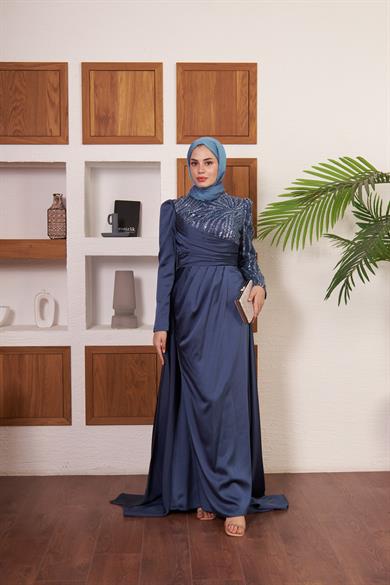 Yarım Kol Taş İşlemeli Saten Abiye - Antrasit