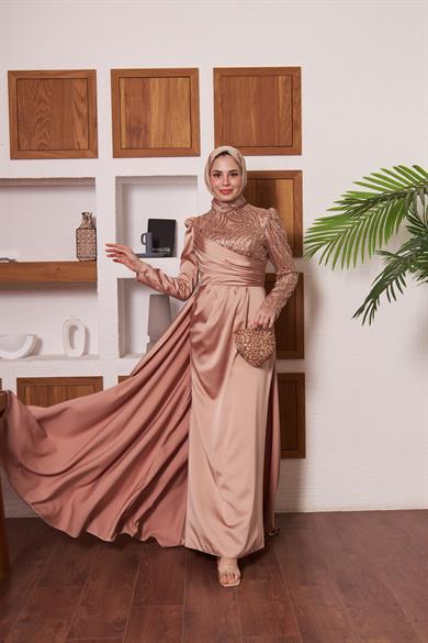 Yarım Kol Taş İşlemeli Saten Abiye - Bej