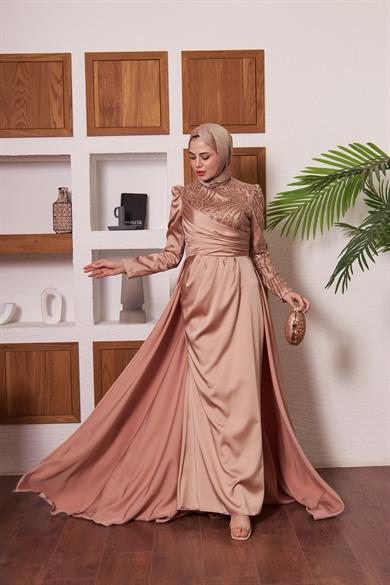 Yarım Kol Taş İşlemeli Saten Abiye - Bej