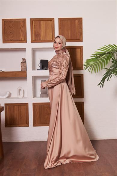 Yarım Kol Taş İşlemeli Saten Abiye - Bej