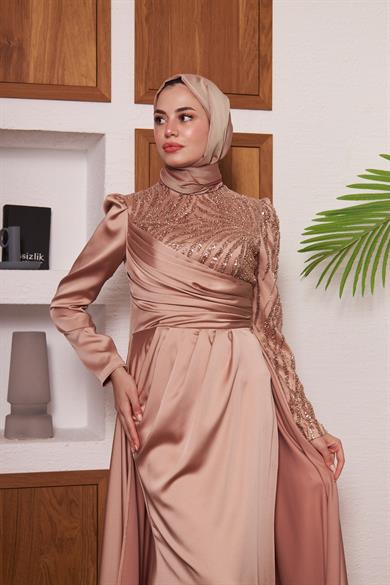 Yarım Kol Taş İşlemeli Saten Abiye - Bej
