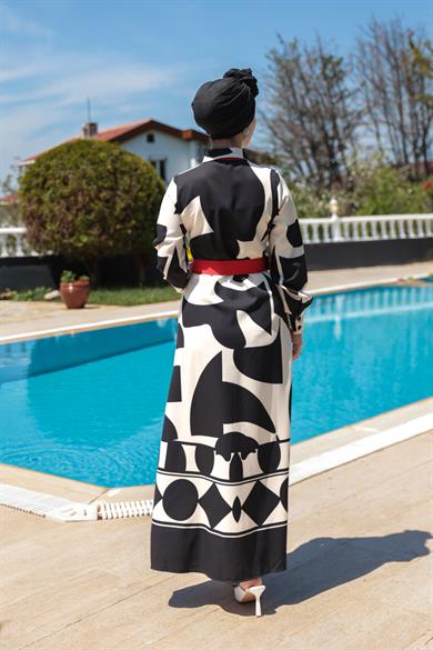 Zebra Desen Elbise - Beyaz-Siyah