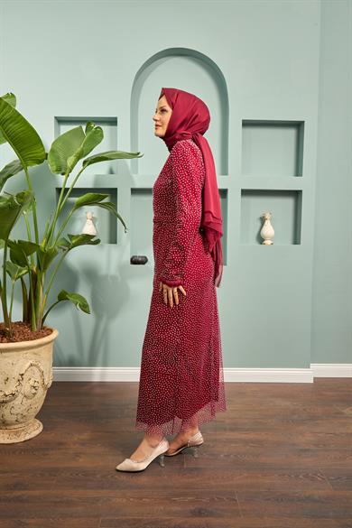 Zerda Silvery Tulle Fabric Evening Dress - Red