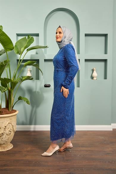 Zerda Silvery Tulle Fabric Evening Dress - Blue