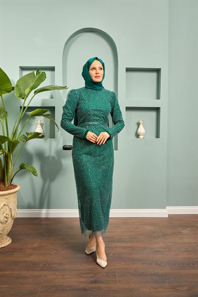 Zerda Silvery Tulle Fabric Evening Dress - Green