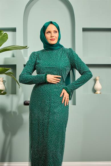 Zerda Silvery Tulle Fabric Evening Dress - Green