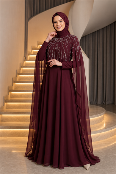 Zümrüt Taş İşleme Pelerin Abiye - Bordo