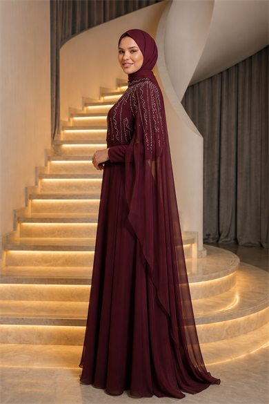 Zümrüt Taş İşleme Pelerin Abiye - Bordo