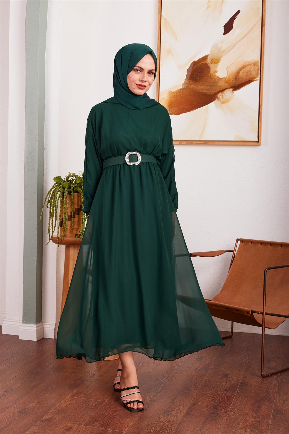 Şifon Kemerli Elbise - Zümrüt Yeşil | Hülya Keser