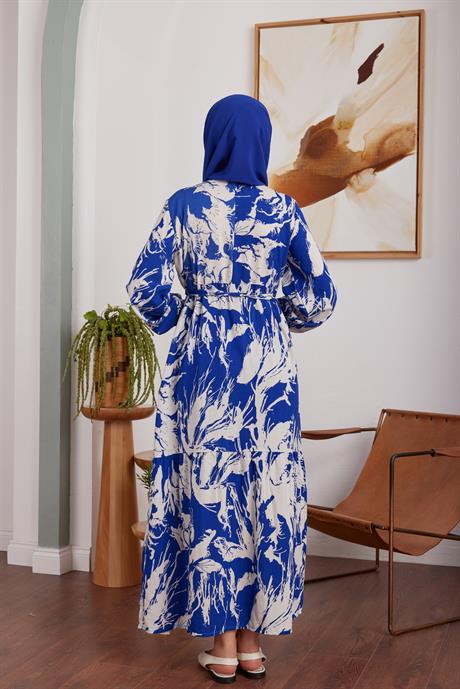Fırça Desen Elbise - Saks Mavi